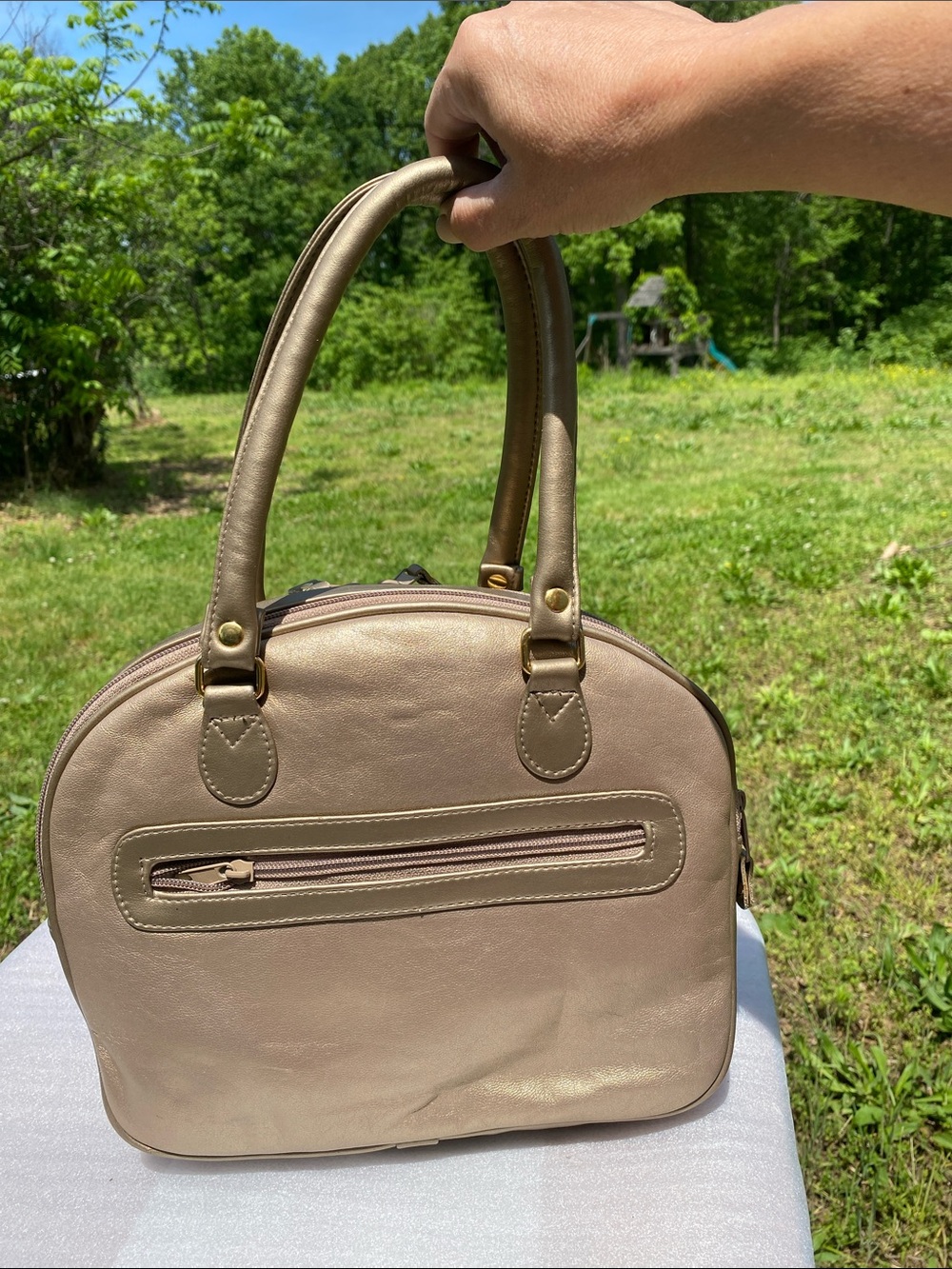 NWOT M.C. Handbags Faux-Leather Dome Handbag with Crossbody Strap in Champagne